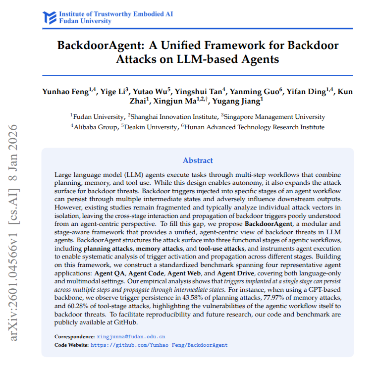 rohanpaul_ai's tweet photo. Researchers build BackdoorAgent to test backdoors in LLM agents and show how agent memory keeps them alive.

A 3 stage framework reveals where agent backdoors enter, how they persist, and how they spread to outputs.

A backdoor is a hidden behavior that turns on when a trigger appears, and agents make it harder because they keep reusing their own plans, saved memories, and tool outputs.

The framework sets up 3 clear hook points, planning, memory, tools, then records full step by step traces so trigger entry, persistence, and spread can be measured.

Using the same setup, the authors test 7 attack types on 4 agent apps, question answering, coding where a tool runs code and returns errors, web browsing, and driving style control.

Triggers placed in 1 stage often survive later steps, and with a GPT family base model they persisted 43.58% in planning, 77.97% in memory, and 60.28% in tools.

Many attacks keep task accuracy high while still forcing the attacker goal, and token probability checks from 1 turn LLMs barely separate clean and backdoored agent runs.

----

Paper Link – arxiv. org/abs/2601.04566

Paper Title: "BackdoorAgent: A Unified Framework for Backdoor Attacks on LLM-based Agents"
