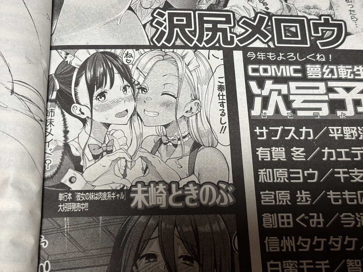 次号3月号の夢幻転生に新作掲載予定です。予告のカットは最新単行本『彼女の妹は肉食系ギャル』から。合わせてよろしくお願いします🙇 