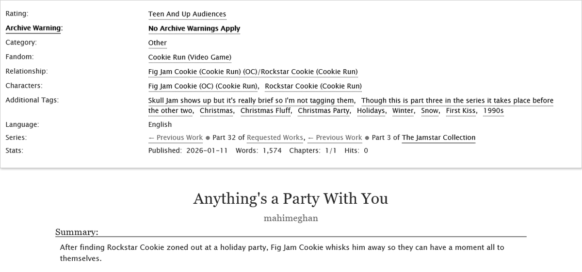 mahimahimeghan's tweet photo. Anything's a Party With You
Fandom: Cookie Run: Kingdom
Pairing: Fig Jam Cookie (OC)/Rockstar Cookie
Wordcount: 1,574
A short, fluffy holiday Jamstar fic.
For @jamstarlove
Link:⬇️ https://t.co/ppm88NZiVG