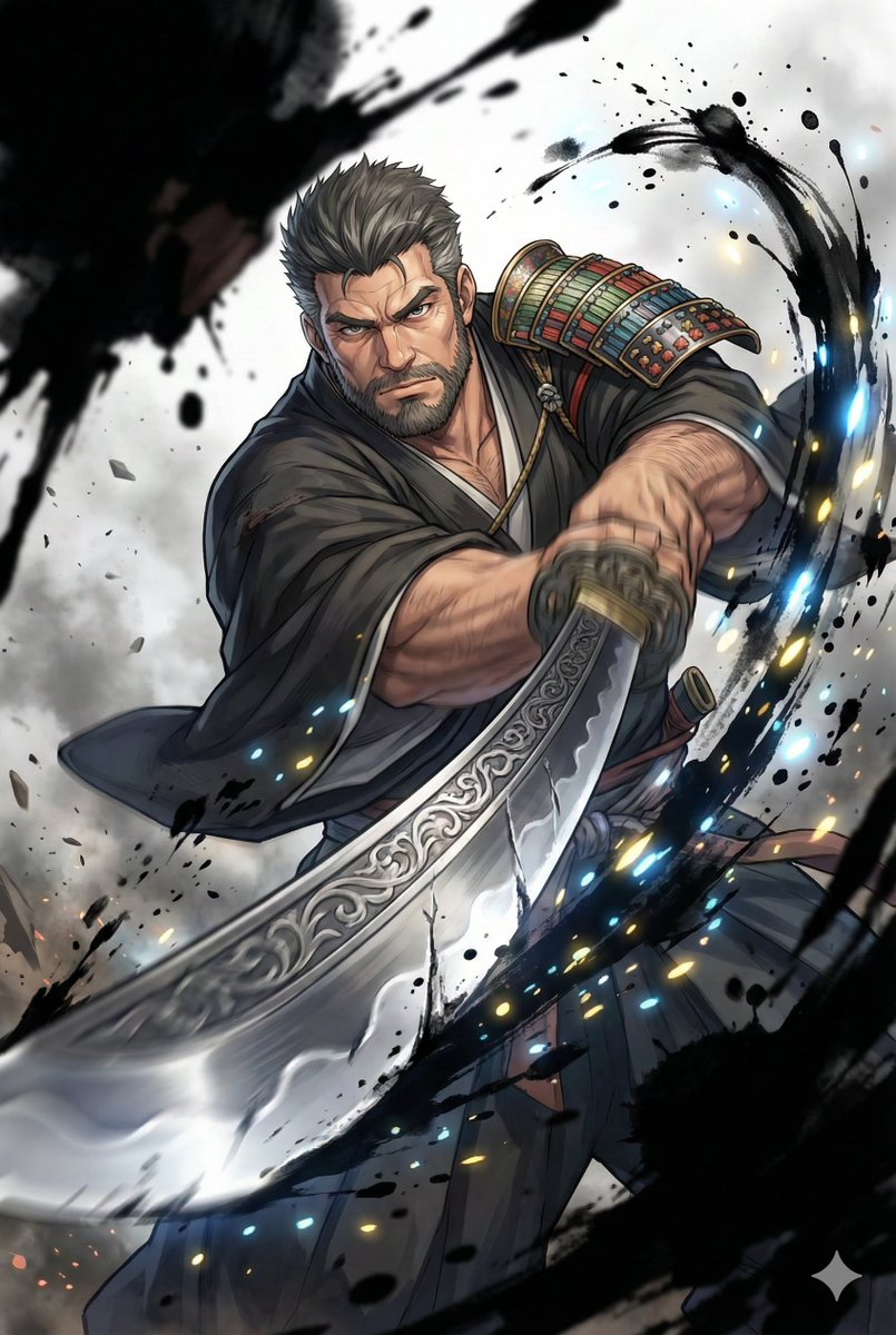 A mature warrior's eyes. Absolute perfection. ✨
這張圖的動態感跟肌肉線條真的太絕了...大家喜歡這種水墨風格的大叔嗎？

#AIart︎ #samurai