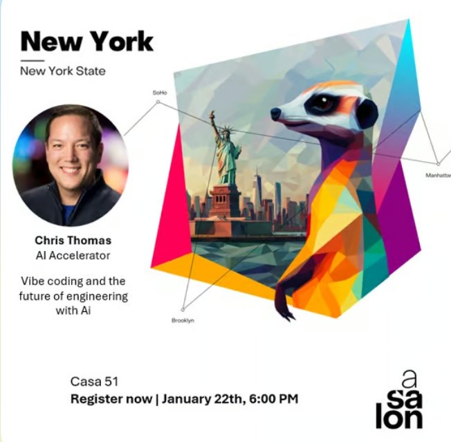 BlancaIreriES's tweet image. Join AI Salon NYC with speaker Chris Thomas (AI Acelerator) as he unpacks “Vibe Coding and the Future of Engineering with AI.”
📍 Casa 51 | 🗓️ Jan 22, 2026 | ⏰ 6 PM
🔗 Limited seats. Authorized registration required:
luma.com/AI-Salon-NewYo…