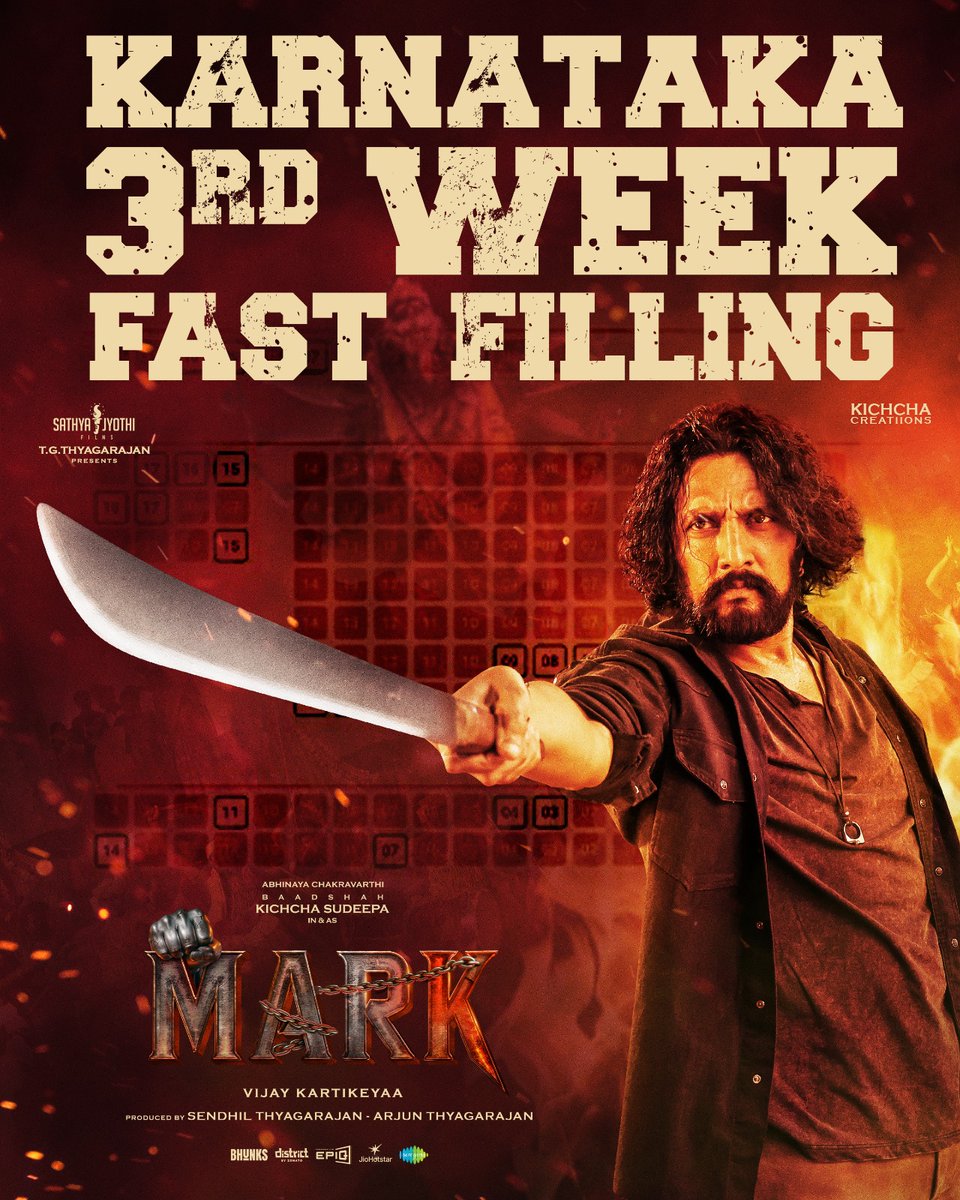 SathyaJyothi's tweet photo. MARK 3rd week 🔥
Karnataka weekend shows fast filling 💥 The blockbuster celebration continues 👊

Grab your tickets soon 🎟️ 
Book My Show:  https://t.co/uATA5wnn4n

District:
https://t.co/hXMN1RErF0

#MARKTheFilm
#MARKInCinemasNow #ReMARKableBlockbuster

@KicchaSudeep @VKartikeyaa @AJANEESHB @gurusoms @Naveenc212 @iYogiBabu @vikranth_offl  @iampriya06 @SupriyanviPicS @KRG_Studios @Karthik1423 @yogigraj @shekarchandra71 @ganeshbaabu21 @shivakumarart @kevinkumarrrr @silvastunt @subbu6panchu @SathyaJyothi @Kichchacreatiin @TSrirammt @saregamasouth @MarkTheFilm @SureshChandraa @DoneChannel1 @PROHarisarasu
