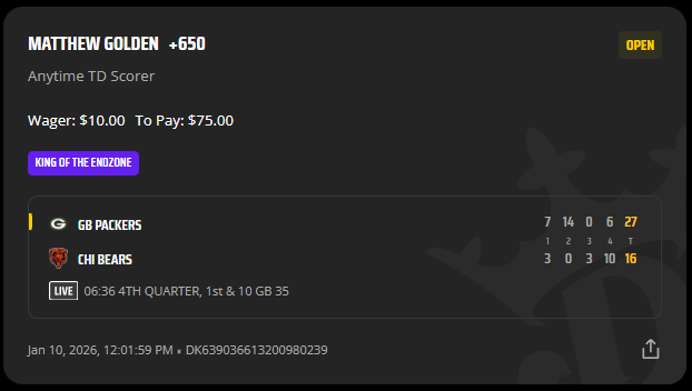 Matthew Golden for King of the Endzone ? 

Correct me if i'm wrong, but Golden's 23 yard TD is the longest TD today (assuming Bears don't ruin it). I'm so curious how much this will pay out tomorrow !!

#Packers #Bears #DraftKings #GamblingX #NFLPlayoffs