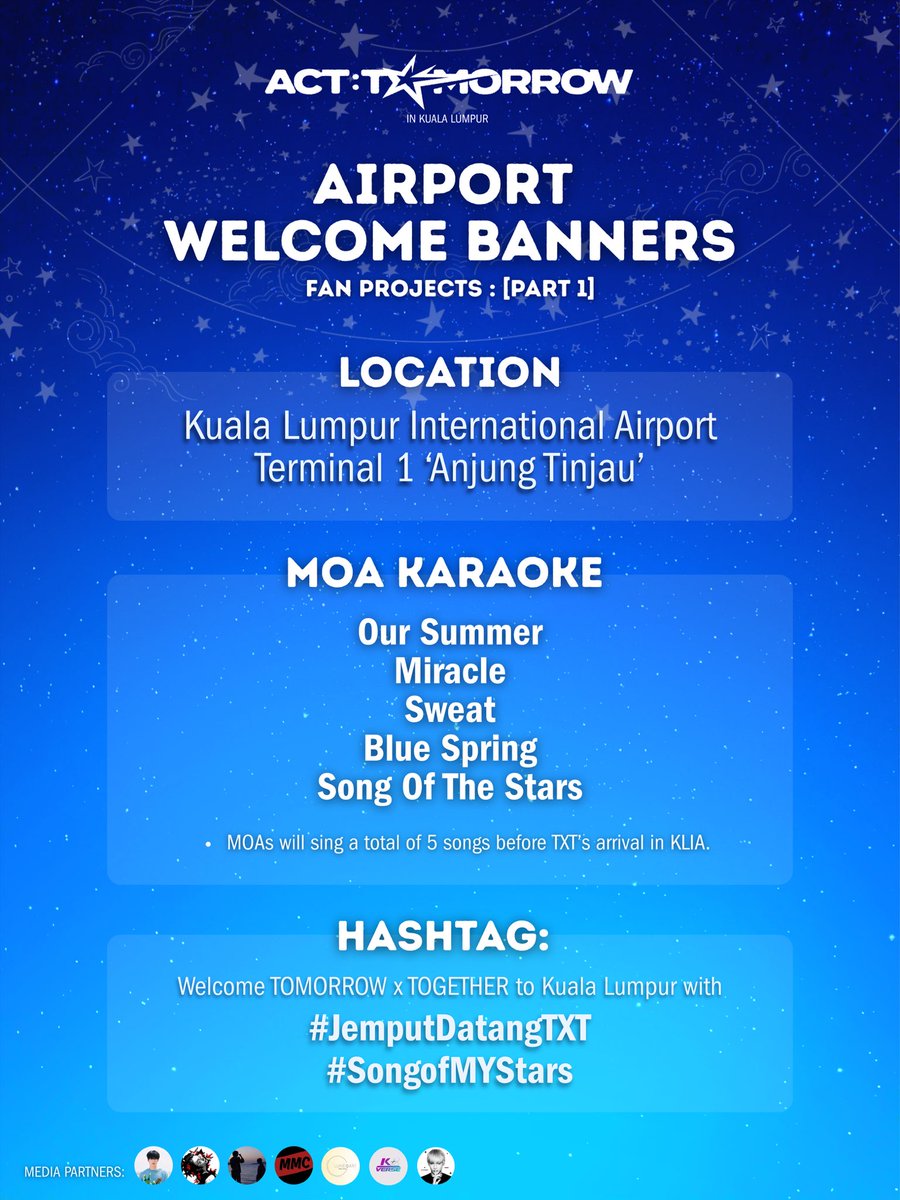 ForTXT_MY's tweet image. #SongOfMYStars ᯓ★ [PART 1] 

#JemputDatangTXT
AIRPORT WELCOME BANNERS ⋆✴︎˚｡⋆

“Dari jauh berlabuh mesra, 
Selamat datang TXT ke Malaysia.”

Welcome TXT to Malaysia with our airport banners— 1️⃣ OT5 &amp;amp; 5️⃣ individual banners!

📍 KLIA Terminal 1 ‘Anjung Tinjau’
🗓️ TBA 
⏰ TBA