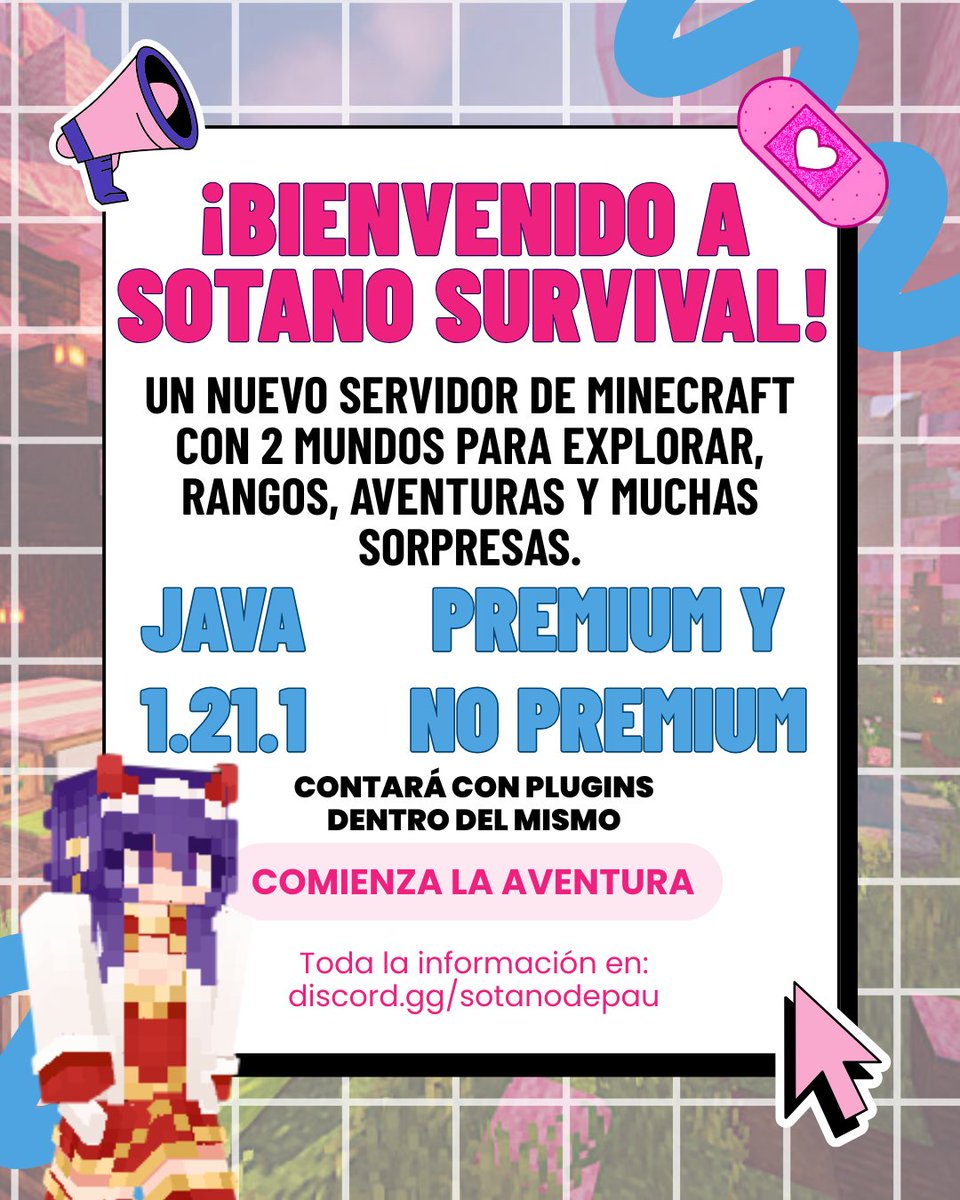 Vengan a jugar con nosotros, el servidor está abierto 24/7💗

⋆˚࿔ Versión: Java 1.21.1
⋆˚࿔ Se permiten cuentas: Premium y No Premium
⋆˚࿔ IP: sotanodepau.vultam.host