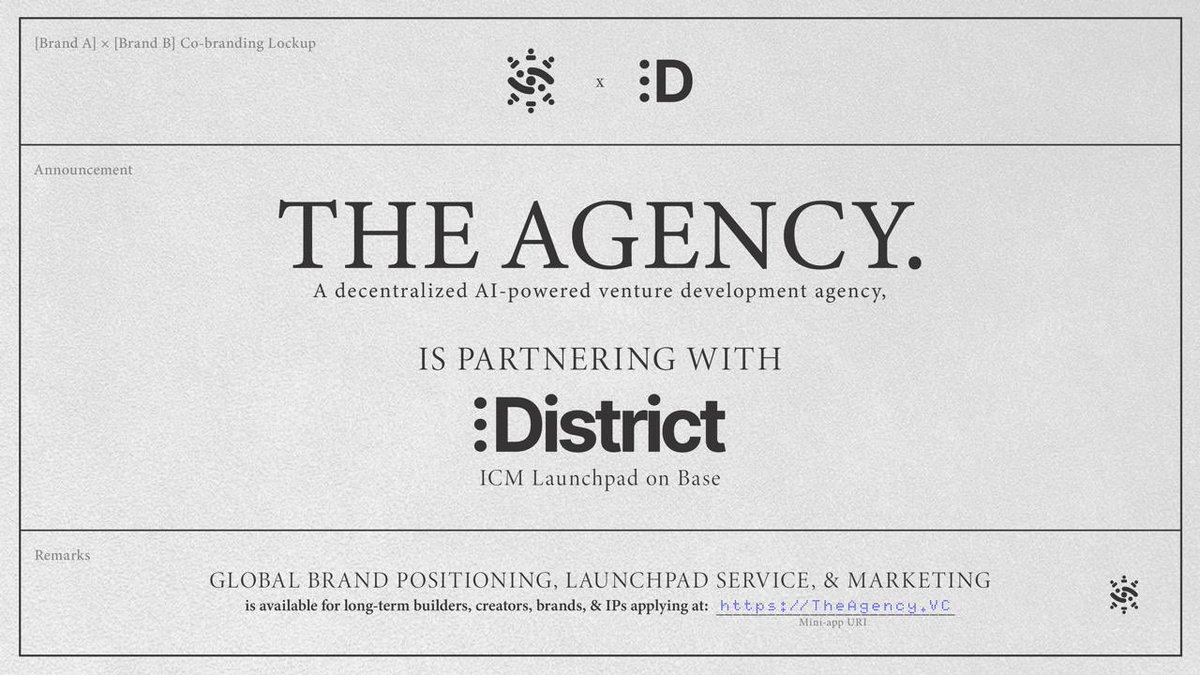 TheAgencyVC's tweet image. The Agency will be partnering with @districtxyz to amplify creators &amp;amp; products on @base with @enterSIGNALS. The Agency specializies in growth and success for launches on the district.xyz launchpad.

We’re introducing our joint intake form: theagency.vc/intake