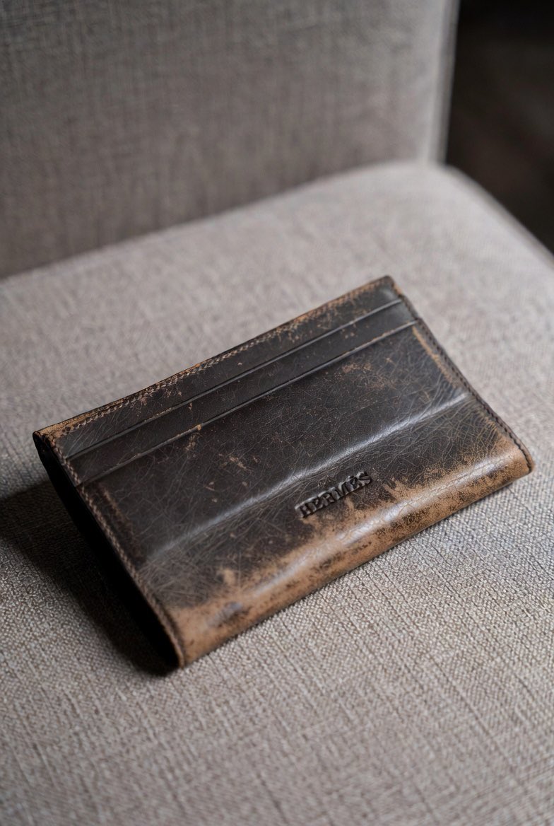 mongolianjetset's tweet image. 駅のベンチに、ボロボロのエルメスの財布が落ちていた。
交番に届けようと中を確認すると、お札は一枚も入っておらず、小銭入れには「1円玉」がたった一枚。
あとは、色あせた小さな女の子の写真と、裏に「パパ、がんばって」と書かれた手書きのメモだけだった。…