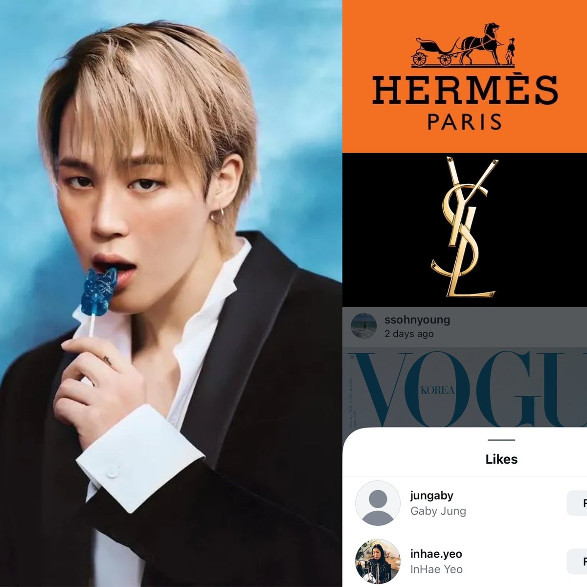 cocojm_ot7's tweet image. OMGG 😳🤯

#Jimin’s Vogue posts drew attention from the top of luxury, with InHae Yeo, Communication Director of Hermès Korea, and Jun Gaby, head of Korean marketing and communications at YSL, liking them.

ALL EYES ON JIMIN 😭👀
