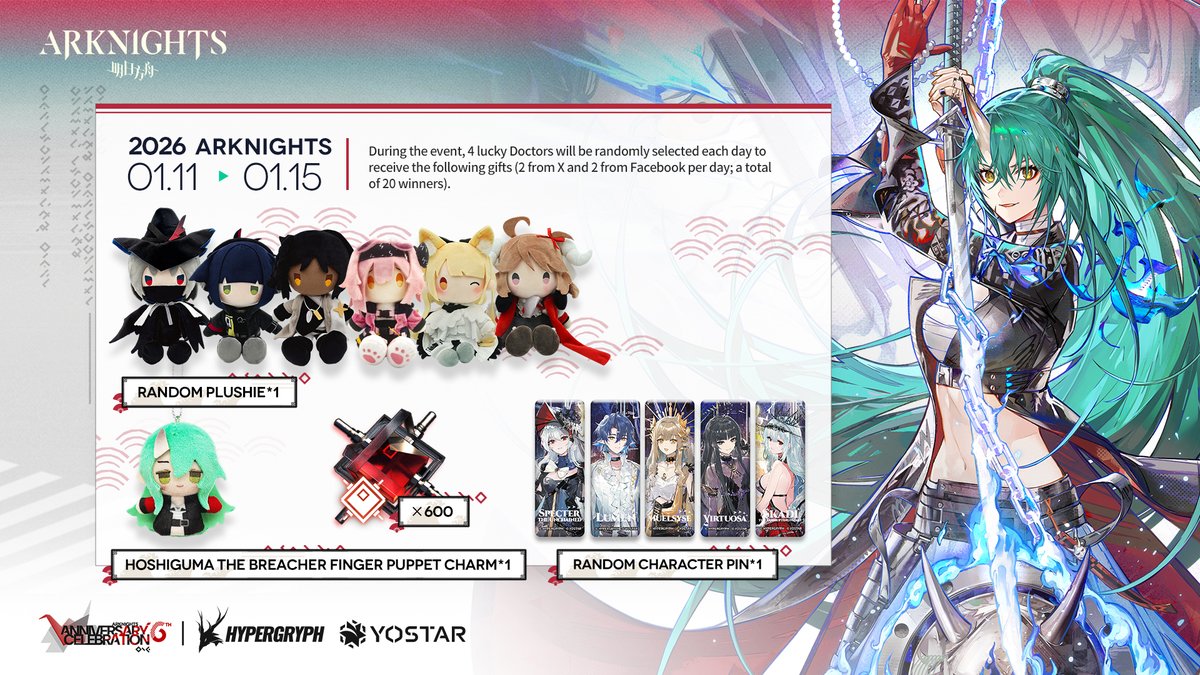 ArknightsEN's tweet image. Dear Doctor,
We are hosting a giveaway event to celebrate the Arknights 6th Anniversary. Retweet this post with your well wishes for Arknights (text or pictures) and include the hashtags #Arknights6thAnniv and #Arknights, and you'll get a chance to win the following rewards!…