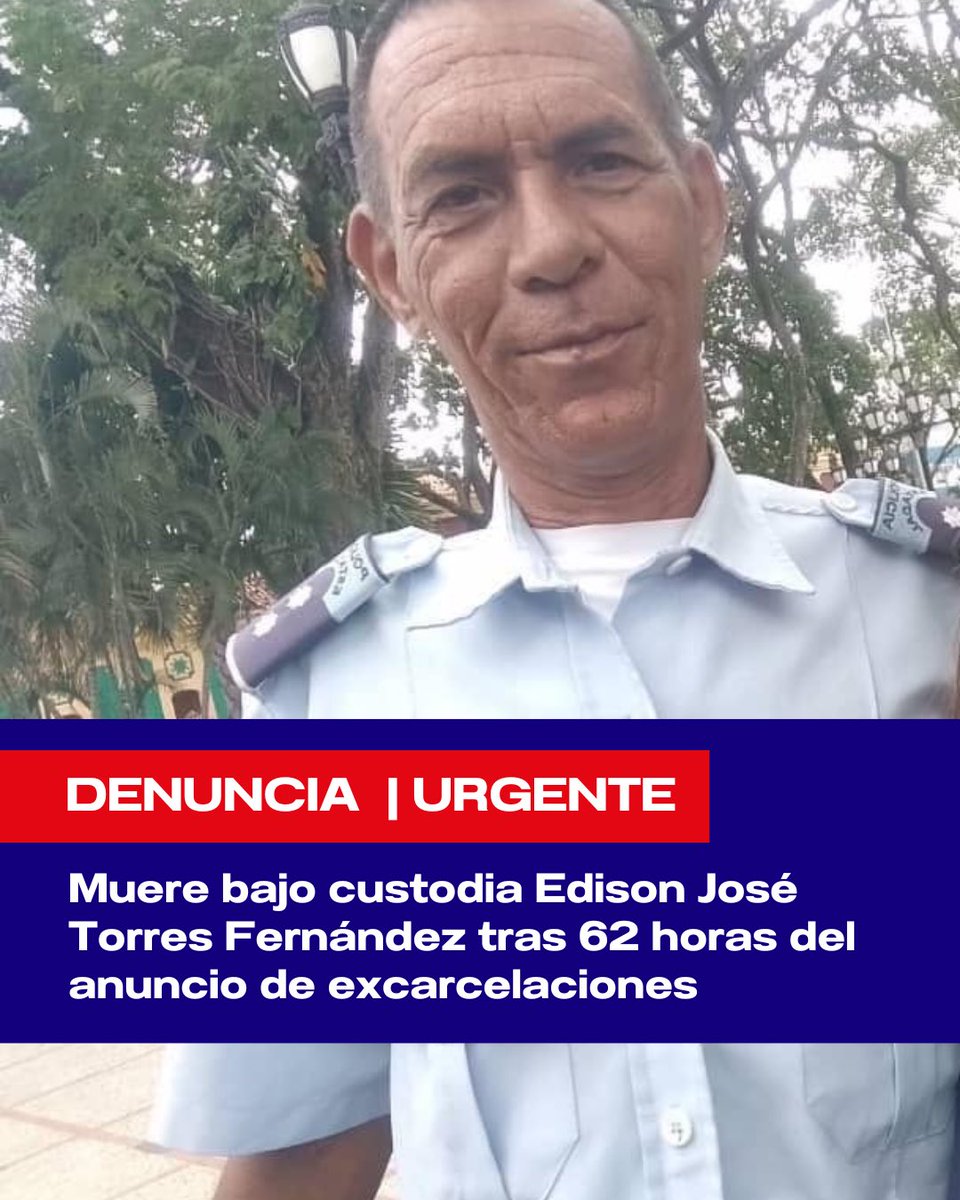 clippve's tweet photo. #DENUNCIA #URGENTE | Comité de Familiares por la Libertad de los Presos Políticos (CLIPP)

El Comité de Familiares por la Libertad de los Presos Políticos denuncia la muerte bajo custodia del Estado de Edison José Torres Fernández, de 52 años de edad, ocurrida el 10 de enero de 2026 en la PNB Zona 7, 62 horas después del anuncio oficial de excarcelaciones.

Edison José Torres Fernández era funcionario de la Policía del estado Portuguesa, adscrito a la brigada hospitalaria de Guanare, con más de 20 años de servicio. Fue detenido el 9 de diciembre de 2025 por compartir mensajes críticos contra el régimen y el gobernador del estado. De manera extraoficial, se le imputaron delitos de traición a la patria y asociación para delinquir.

Hasta este momento, no existe información oficial sobre las circunstancias ni las causas de su muerte, ni sobre la atención médica que habría recibido mientras permanecía bajo custodia. Esta falta de información y de transparencia hace responsable al Estado por su vida e integridad.

Desde el CLIPP exigimos una investigación inmediata, independiente y transparente, así como la liberación inmediata de todos los presos políticos que continúan injustamente detenidos.

No puede morir nadie más bajo custodia del Estado.
La vida de las personas privadas de libertad es responsabilidad absoluta de quienes las mantienen detenidas.

#AlertaUrgente
