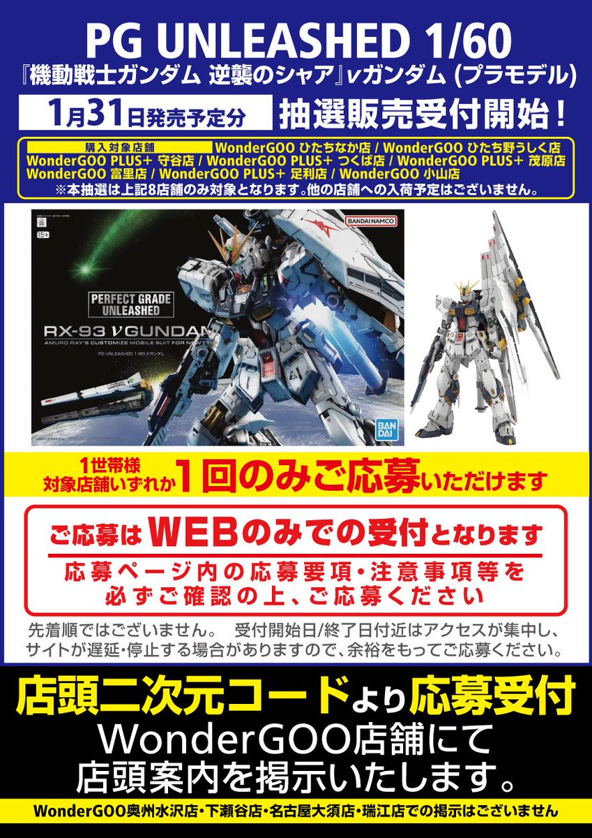 WonderGOOでは、1/31発売「PG UNLEASHED 1/60 νガンダム」は ”一部店舗