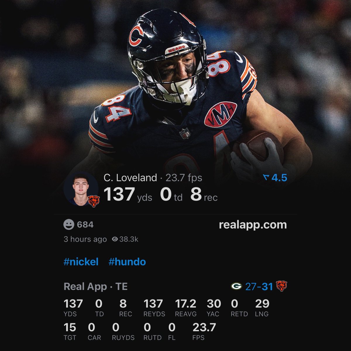 jasrifootball's tweet photo. Colston Loveland tonight:

- 8 receptions
- 137 yards 

(📷: @realapp) https://t.co/LClXcbb6Hl