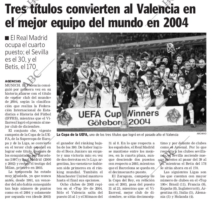 Tal día como hoy en 2005 el Valencia CF fue nombrado mejor equipo del mundo del año 2004 por la Federación Internacional de Historia y Estadí­stica del Fútbol (IFFHS). La Liga, la Copa de la UEFA y la Supercopa de Europa otorgaron al club este prestigioso galardón.