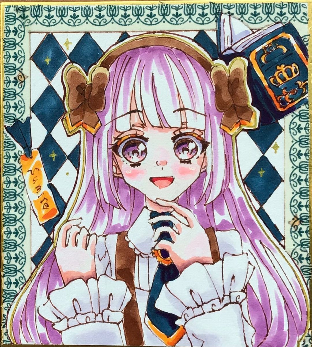 スミレちゃんの色紙☕️🍎
アンティークのお衣装可愛すぎる💕　そして最近出た春のアイカツまつりのスミレちゃんも超可愛かったので近いうちに描きたいです✨
#アイカツ　#絵描きさんと繫がりたい 　#みんなで楽しむTwitter展覧会