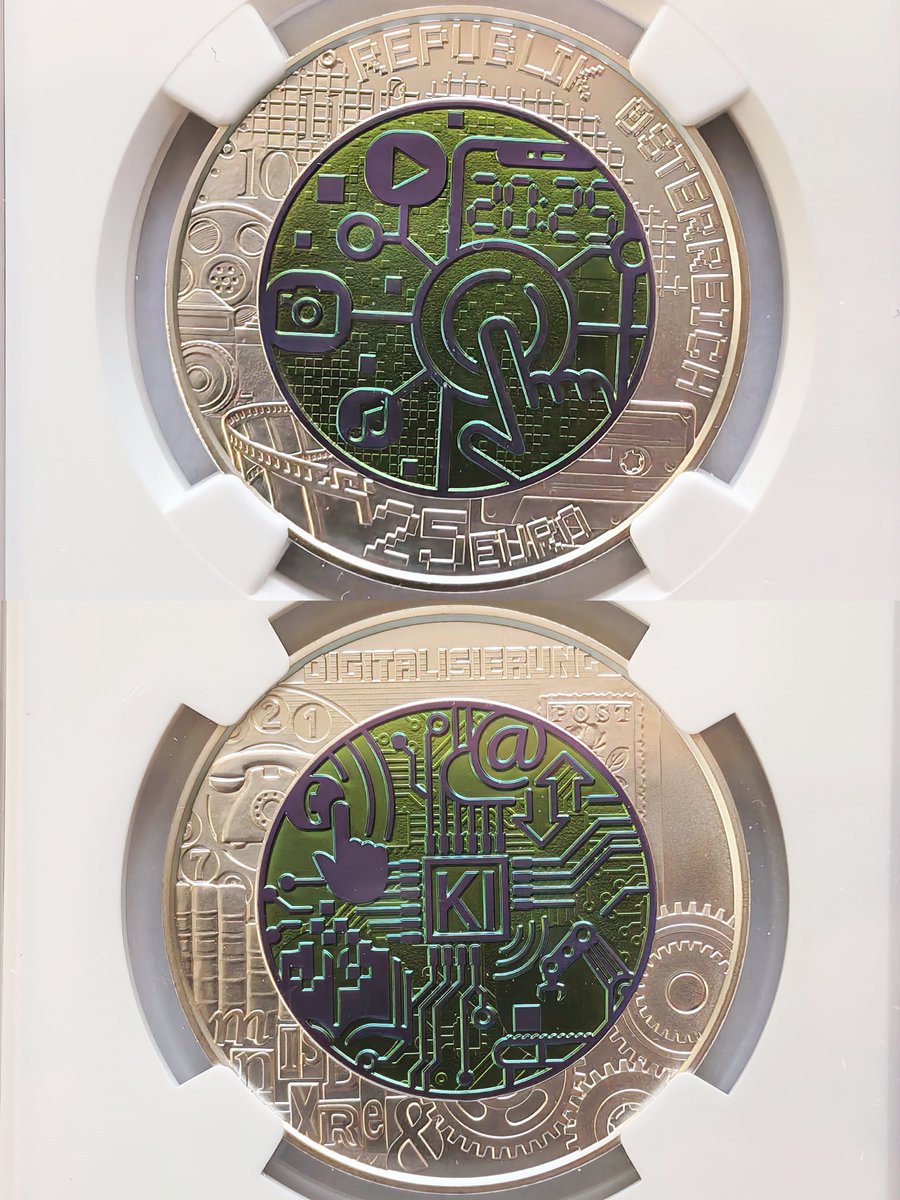 奥地利2025年“银铌双金属”系列之数字化纪念币，正面铌芯为有数字时钟、视频、拍照、音乐功能的智能手机，背面铌芯为能处理电子邮件、通话、电子书、工业机器人的微芯片，外环均呈现被数字化取代的物品。维也纳造币厂铸造，由7.5克铌芯和9克900银外环组成，铸造量65000枚  ...