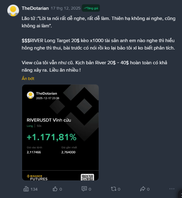 TheDotarian's tweet photo. Giá $RIVER  đã tăng 1000% đúng như dự đoán mình đưa ra vào 17-12, ae đòn bẩy x50 tự tính x bao nhiêu lần Tk kèo all in.
Hôm nay có entry đẹp kèo x400%, đã sideway 150 Day. Ae thiện chí Inbox 
@TheDotarian https://t.co/7fe7jQnhg2