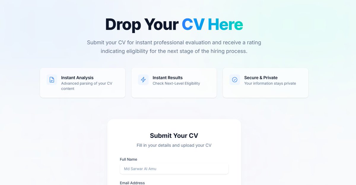 Kavabd's tweet photo. Manual CV screening is broken.

So I automated it.

Upload CV → AI evaluates → eligibility score.

Built with n8n + AI.
Demo👇 https://t.co/DRtt6qirXo
Would you trust AI for this?

#BuildInPublic #AIAutomation #n8n #Hiring https://t.co/JgRqIfTtlb