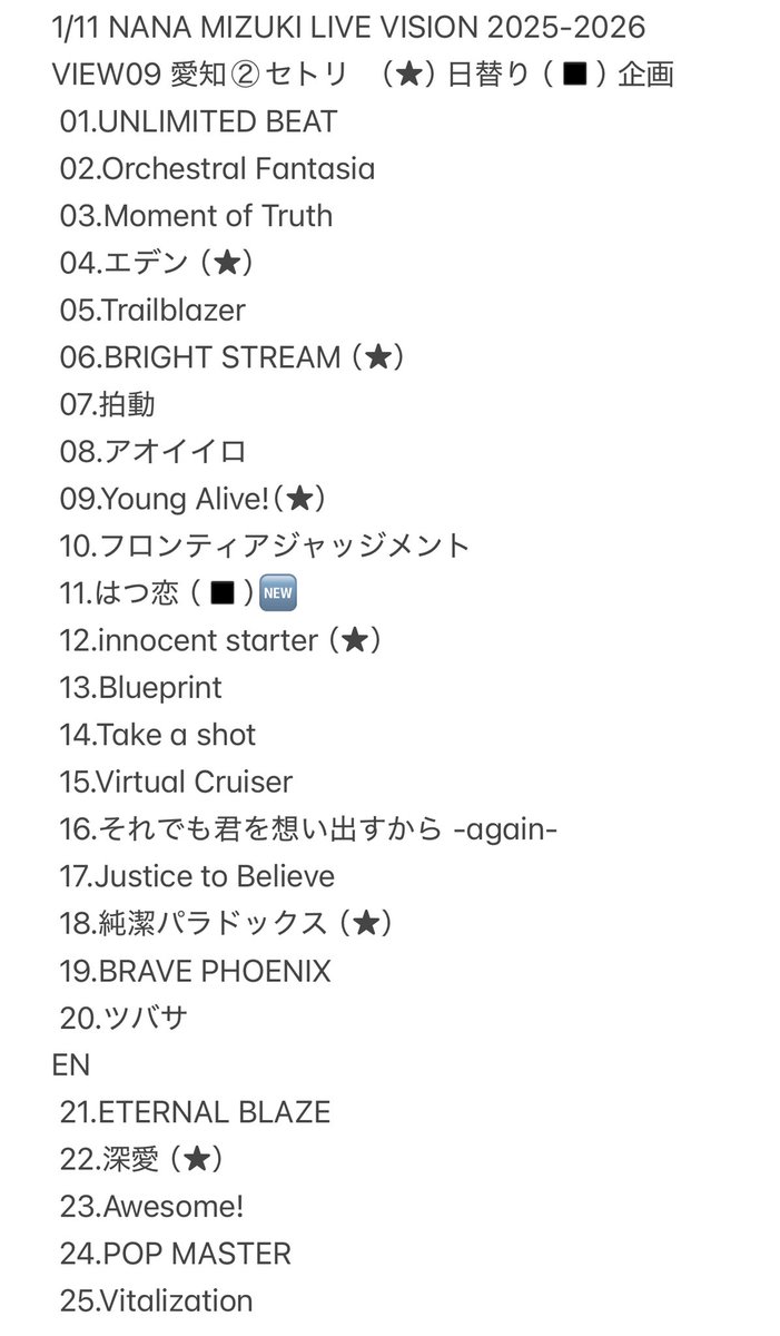 1/11 NANA MIZUKI LIVE VISION 2025-2026 VIEW09 愛知②セトリ ※2枚目