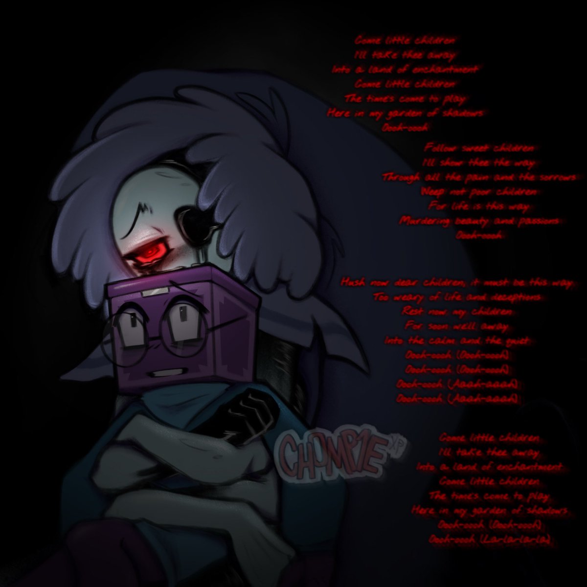 ch0mp1e_xp's tweet photo. Not a ship art but ig you can take it that way? Anyways twisted Astro and Boxten. The lyrics of come  little children by Erutan written down there if you cant tell #dandysworld #twistedastro #boxten https://t.co/08VZt34VJi