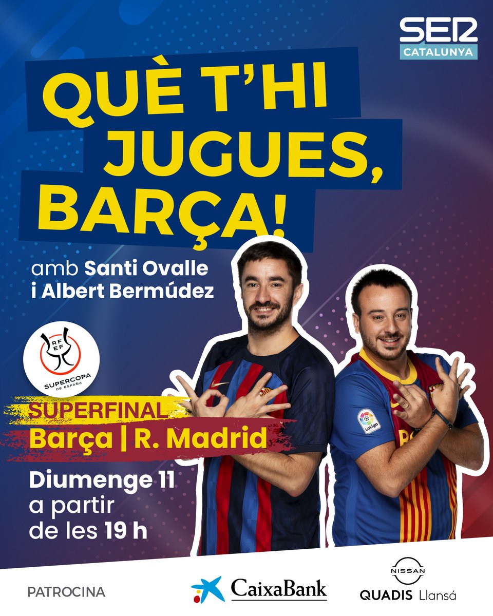 🔥 BON DIA!

🏆 La Final de la Supercopa d’Espanya es viu i es veu al Què T’hi Jugues, Barça!  

🙌 Us esperem a partir de les 19 h a @SerCatalunya i al nostre canal de Youtube.

#FCBlive