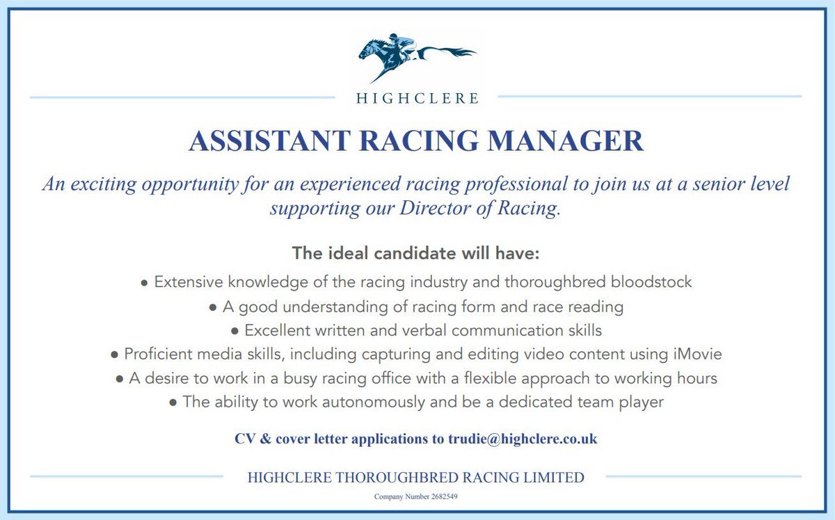 I’m searching for a keen and knowledgeable racing professional to support me in all aspects of horse and owner management. It’s a fantastic opportunity for someone who is energetic, willing to learn and comfortable being client facing. Please get in touch to hear more #hiring