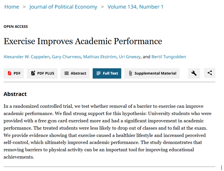 mikakorte's tweet image. New causal evidence (JPE): exercise boosts academic performance.
In an RCT in Norway, free gym access increased exercise, reduced dropouts and failed exams, and improved course completion among university students.  journals.uchicago.edu/doi/10.1086/73…
#RCT #education #HealthEconomics