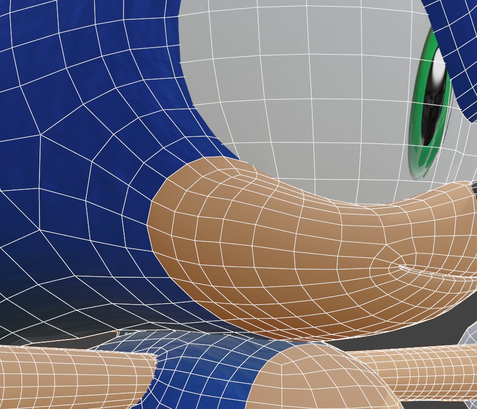 I've completely overhauled my Sonic model because I replaced the head with the Sonic Unleashed head for proper quill placement

The face is based on the Sonic Dream Team intro Model Sheets
The head and muzzle is one solid model now
and I panted all the fur textures myself