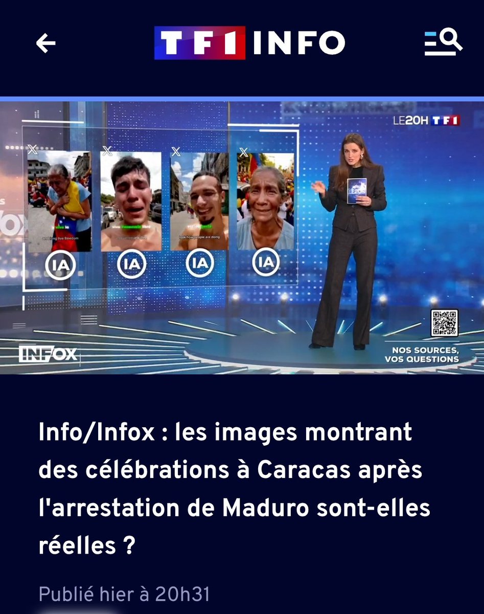 Weatherboy_fr's tweet image. Et 5 jours après, même TF1 explique que TOUTES les vidéos qui ont circulé de manifestations de joie au Venezuela étaient fausses.

Dont 4 vidéos générées par IA diffusées par Musk, et une vidéo diffusée par Trump qui était... une course de charité étudiante en 2025 en Californie.