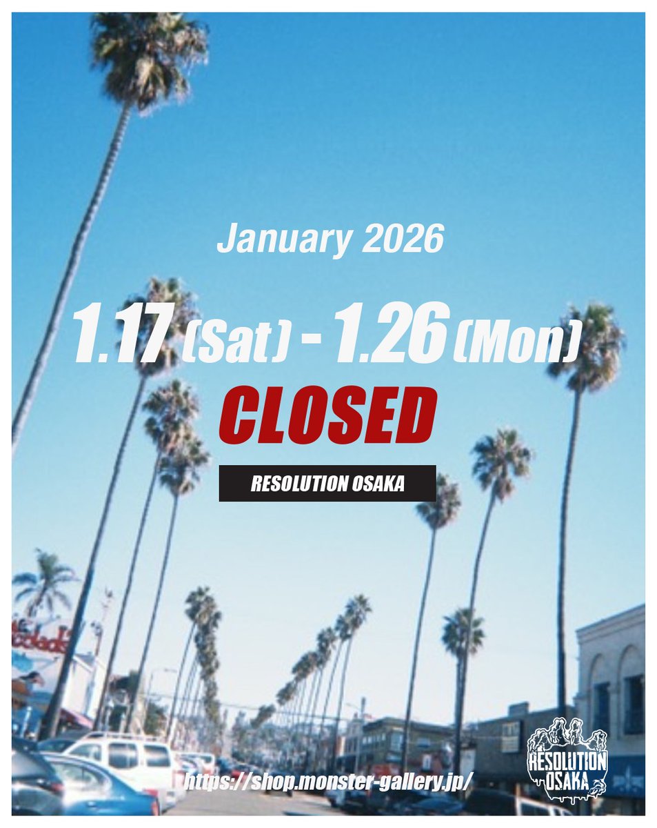 [ 店舗休業日のお知らせ ]

1月17日-26日の期間中
California出張のため店舗休暇をいただきます。

上記以外は休みなくOPEN予定です！

期間中、ONLINE SHOPはご利用可能となります。
発送は27日以降の対応となりますので、予めご了承くださいませ。

shop.monster-gallery.jp