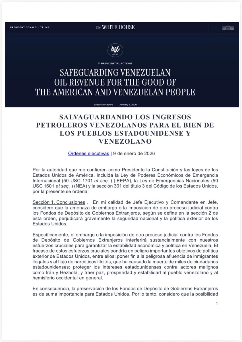 RRamirezVE's tweet image. #11Enero Anexo la versión en Español de la Orden Ejecutiva de Trump emitida el 9 de Enero. Allí se crea un Fondo a donde irá el dinero producto de la venta de petróleo venezolano, venta que será hecha por los EEUU. Este Fondo, que incluye los recursos del BCV y PDVSA, será…