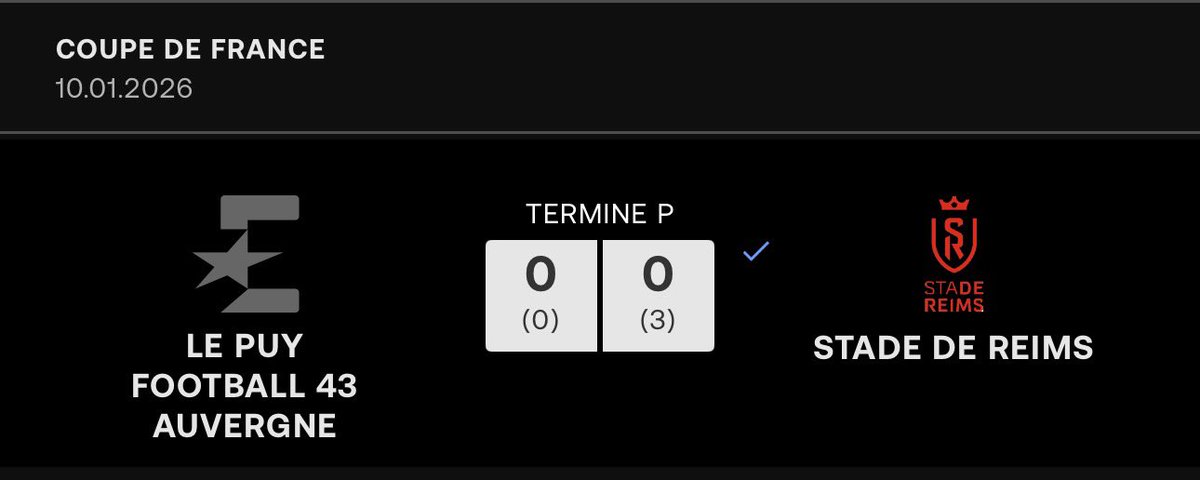 NewsMagChamp's tweet image. 🇫🇷⚽️🏆 COUPE DE FRANCE 🏆⚽️🇫🇷
Victoire du @StadeDeReims en 1/16 de finale !!! 
Le SDR l’emporte 0 à 0 (0-3 aux tirs au but) face au Le Puy Football 43 Auvergne et se qualifie pour les 1/8 de finale 👏🏼👏🏼👏🏼
Bravo à nos joueurs 🔴⚪️
#SDR #Reims #Foot #CoupeDeFrance