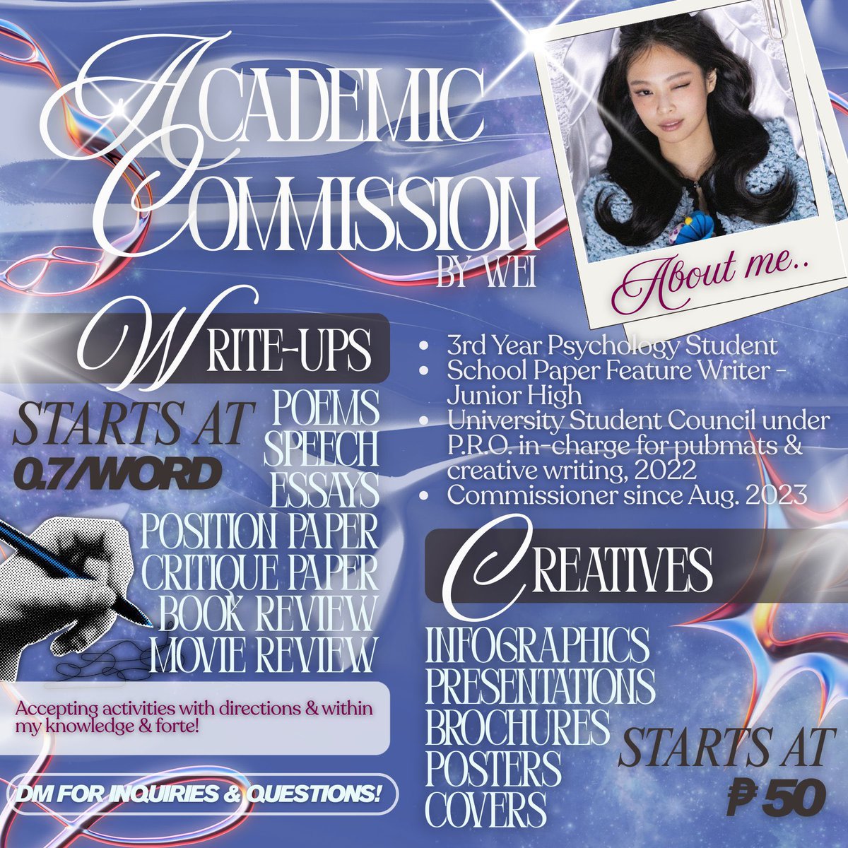 CommissionerWei's tweet photo. — hola! its acads szn again, ur psych girlie is so so back, open and still accepting acad commissions! save ur slot for more convenient task completion, dm if interested! 🌷🫶

lf client acad commissioner essay infographic ppt review speech reflection paper writing brochure https://t.co/bvqbP2Y08a