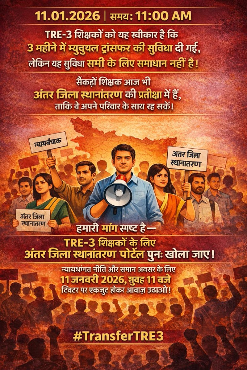 MDFAIZAN1130343's tweet photo. सभी शिक्षकों को ट्रांसफर,
TRE-3 को नहीं — यह गलत है
@NitishKumar @sunilkbv @BiharEducation_ @btetctet @psthakur96 @pankajksingh123 @Live_Cities @Rajenderb1995
#TransferTRE3 https://t.co/AKlmvcP3hd