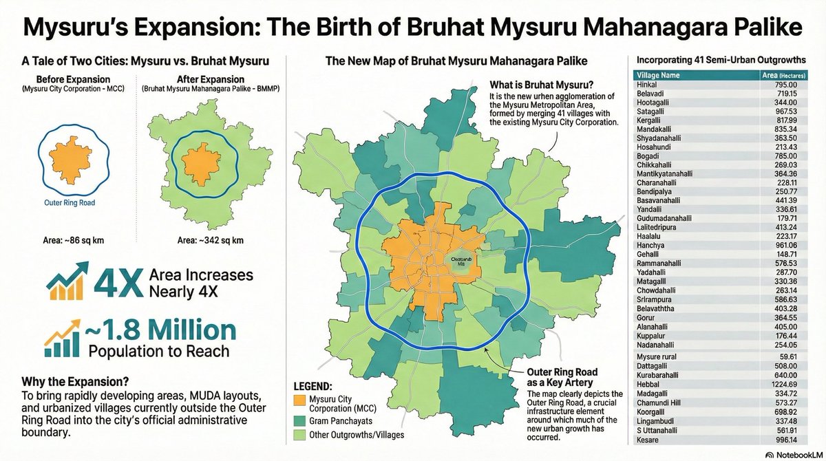 voiceofmysuru's tweet image. Mysuru’s expansion into the Bruhat Mysuru Mahanagara Palike (BMMP) is underway, as announced in the gazette notification.

Initially covering 86 sq km, the Mysore City Corporation now extends its jurisdiction to 128 sq km within the Outer Ring Road. The new administrative…