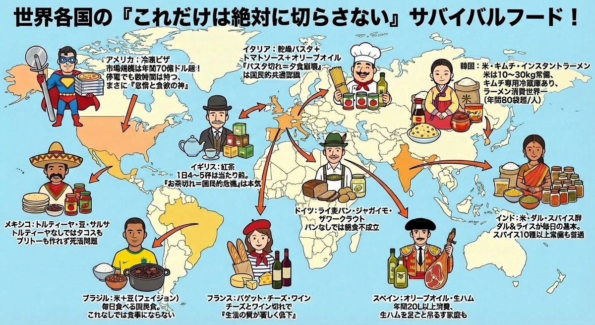 slangjiten's tweet image. 日本人の「米は予備の予備まである」に対してアメリカ人が「わかる、冷凍ピザと同じだ」と即共感してるポストが面白かったので、各国の「これだけは絶対切らさない（切らしてはいけない！）」"サバイバルフード"を調べてみました＾＾

【アメリカ】冷凍ピザ…