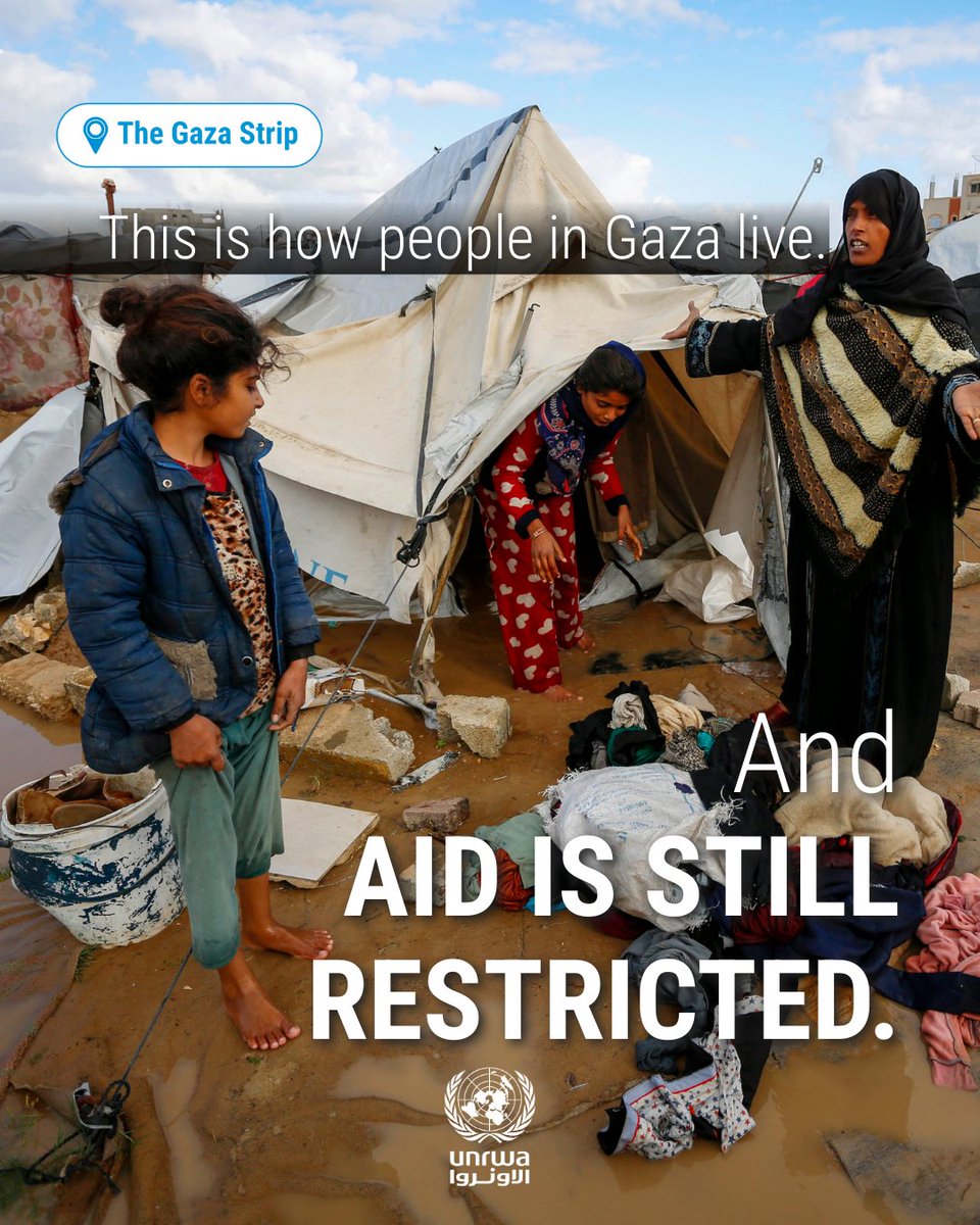 Too many people in #Gaza are still barely surviving.

Displaced families are exhausted, hungry, and cold.

Humanitarian needs in Gaza continue to grow.

Humanitarian aid is available outside but it is blocked.

UNRWA and other aid organisations are ready to scale up.