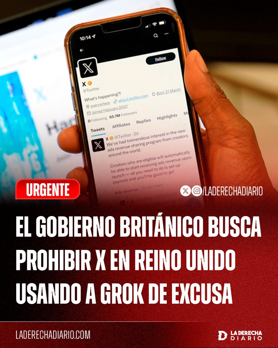 laderechadiario's tweet image. 🚨🇬🇧 | CENSURA COMUNISTA: El gobierno progresista británico busca prohibir X en Reino Unido para terminar con la libertad de expresión usando como excusa a Grok, argumentando que crea "imágenes controvertidas", a pesar de que todas las demás IA producen los mismos resultados.