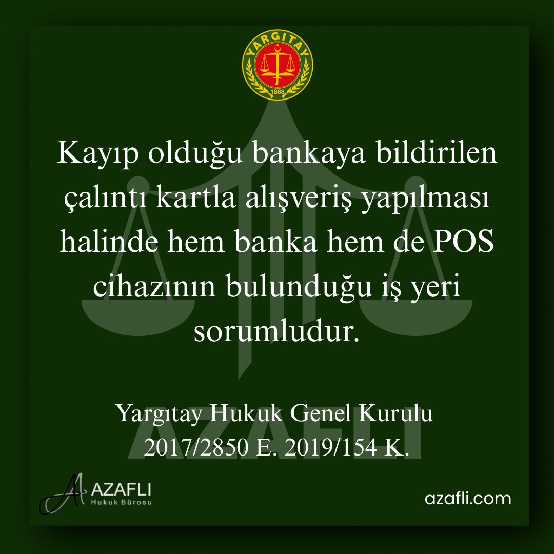 Kayıp olduğu bankaya bildirilen çalıntı kartla alışveriş yapılması halinde hem banka hem de POS cihazının bulunduğu iş yeri sorumludur.

Yargıtay Hukuk Genel Kurulu 
2017/2850 E. 2019/154 K.