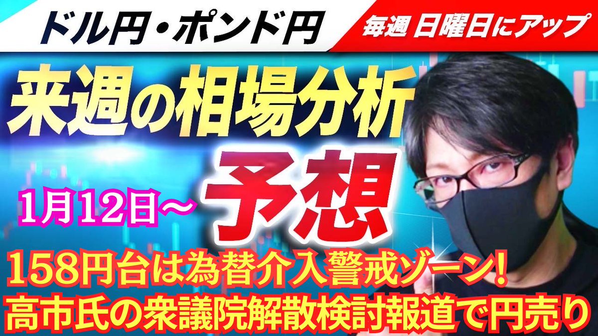 fuuta_fx_trader's tweet photo. FXドル円・ポンド円｜来週の相場分析と予想（1月12日～）
https://t.co/mavvIssDeJ
リポストの応援ありがとうございます🙇‍♂️
✅ドル円、高市氏が衆院解散検討の報道で円売り展開
✅米雇用統計やや悪化も売りは弱めで円安優勢
✅ドル円｜レジサポ、週明け想定レンジ💡

#FX
#FX初心者
#FXライブ
#ドル円
#YouTube