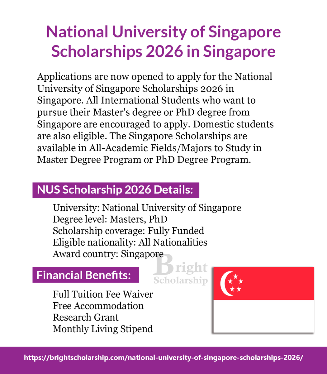 BrightSship's tweet photo. National University of Singapore Scholarships 2026 in Singapore (Fully Funded)

Degree level: Masters, PhD
Eligible nationality: All Nationalities

Apply Link: https://t.co/L2kgBvoDGY

#BrightScholarship #FullyFunded #Scholarship #Singapore #Students #studyabroad https://t.co/iiYCXMVWtn