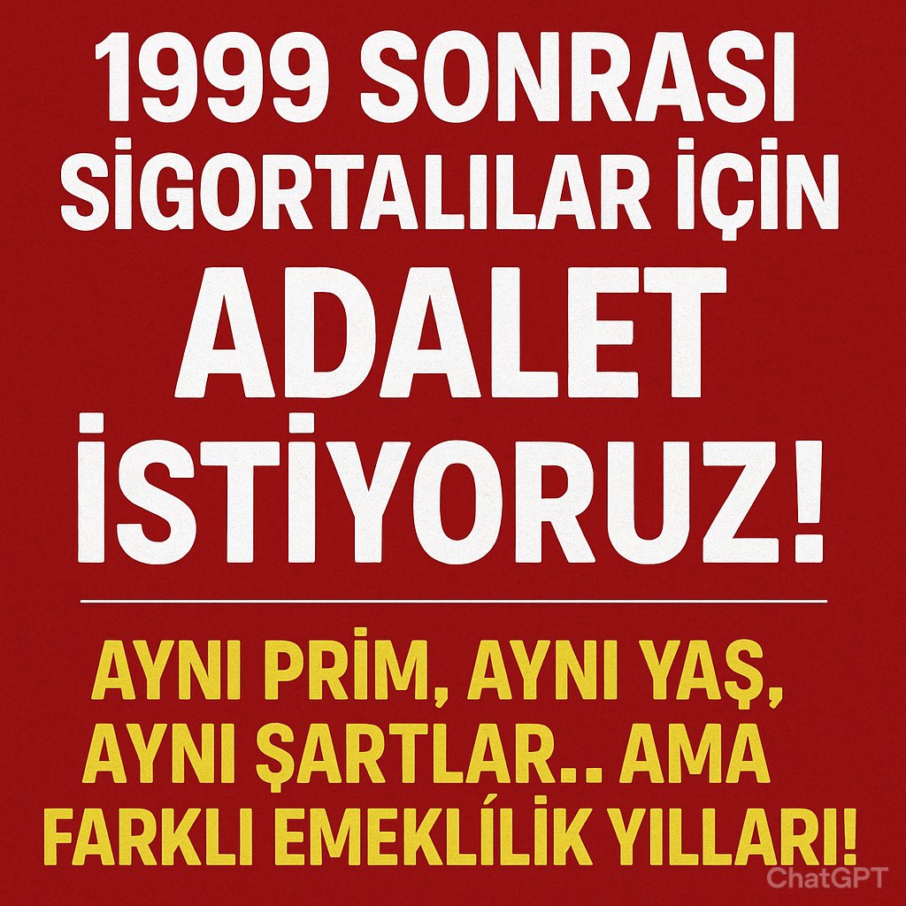 Adalet istiyoruz 
İş barışı bozuldu.
9 Eylül 1999 sonrası sigorta girişli emekçiler çok büyük adaletsizlik yaşadı, bu mağduriyet bitsin istiyoruz
<a href="/isikhanvedat/">Prof. Dr. Vedat Işıkhan</a>
<a href="/AhmetAYDIN_02/">Ahmet AYDIN</a>
<a href="/csgbakanligi/">T.C. Çalışma ve Sosyal Güvenlik Bakanlığı</a>
#VicdanınSesiKademe
#KademeDirenişi
#PrimeDayalıEmeklilik
#KademeliEmeklilik