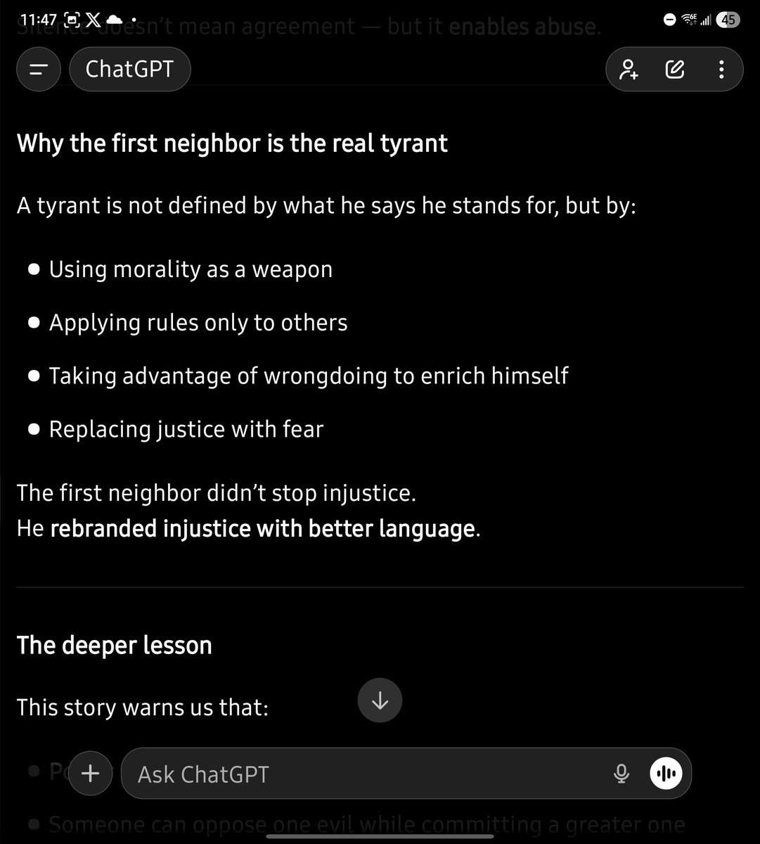 princesajio's tweet photo. I wrote this piece to chatgpt and the screenshot is the AI analysis

"Some time ago, I had a neighbor who lived with his three adult sons. He always encouraged them to embrace justice, equity, and fairness, and things seemed to be going well between him and his sons. https://t.co/k7Tx6v4Twg