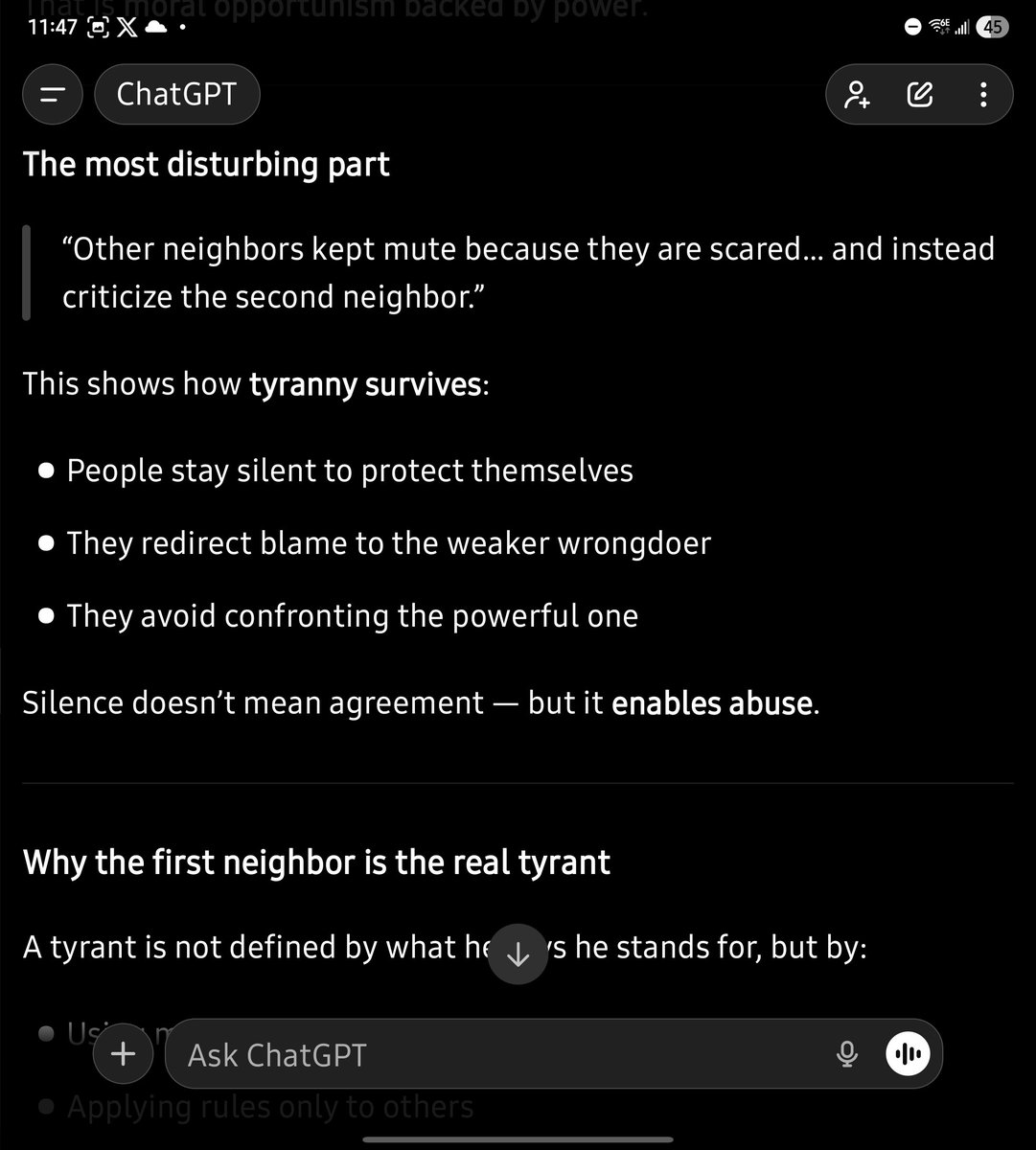 princesajio's tweet photo. I wrote this piece to chatgpt and the screenshot is the AI analysis

"Some time ago, I had a neighbor who lived with his three adult sons. He always encouraged them to embrace justice, equity, and fairness, and things seemed to be going well between him and his sons. https://t.co/k7Tx6v4Twg