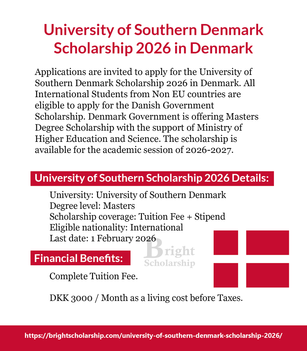 BrightSship's tweet photo. University of Southern Denmark Scholarship 2026 in Denmark (Funded)

Degree level: Masters
Scholarship coverage: Tuition Fee + Stipend
Last date: 1 February 2026

Apply Link: https://t.co/uaSiJHIpvX

#BrightScholarship #FullyFunded #Scholarship #Denmark #Students #studyabroad https://t.co/XbTEyLCIFX
