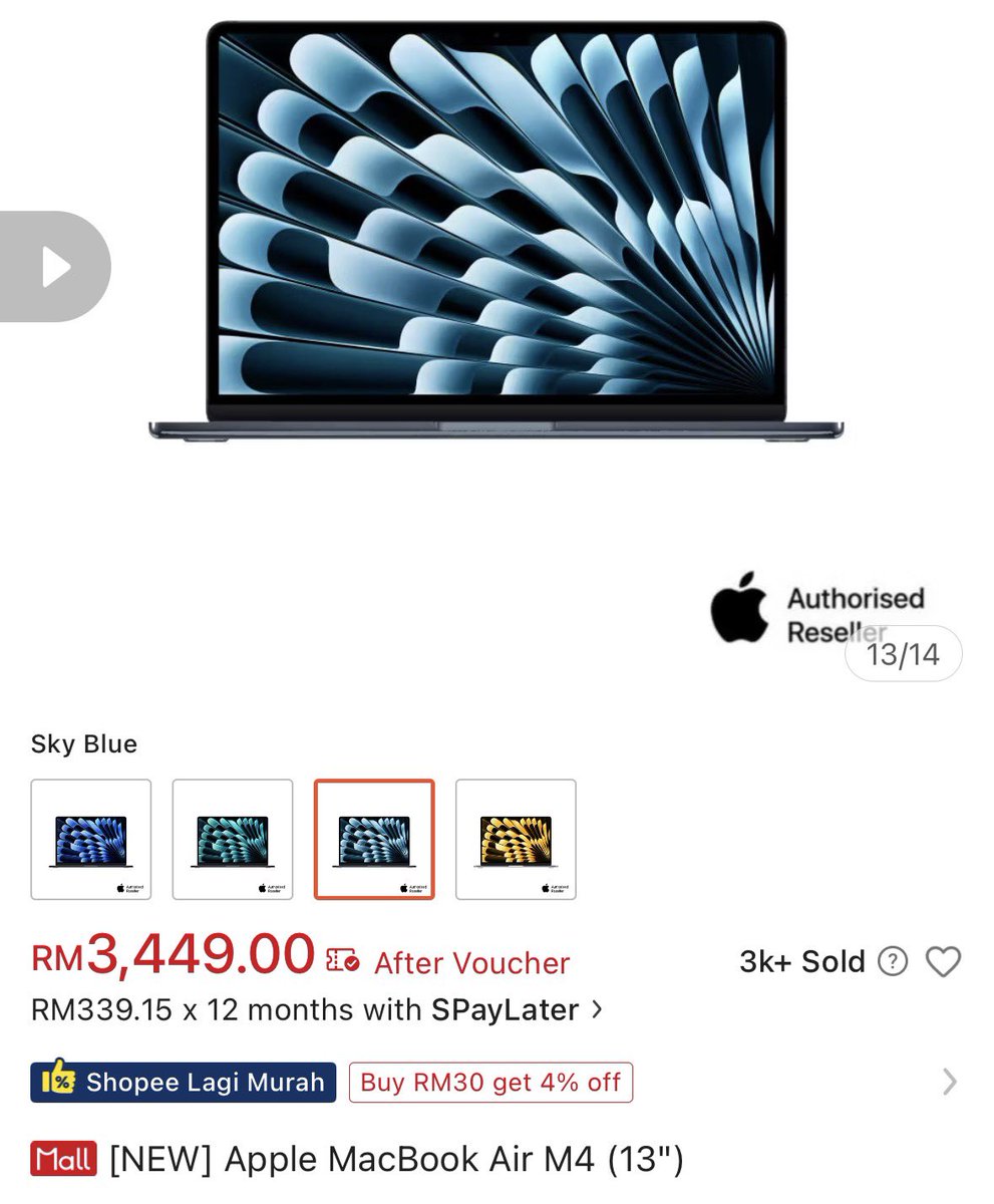 [PROMOSI] MacBook Air (M4)

RM3,356.37 (RM4,499)

MacBook Air dengan cip M4 termurah boleh didapati. Model ini sangat sesuai bagi pelajar dan golongan usahawan. Jangan lepaskan peluang keemasan ini. 

Shopee : s.shopee.com.my/1qVgzyDtAB

Lazada : s.lazada.com.my/s.uQGjp