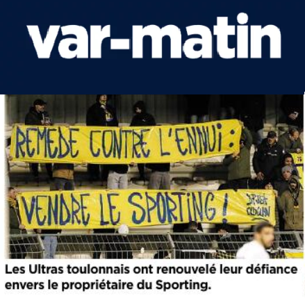 Merci <a href="/Var_Matin/">Var-matin</a> qui publie aujourd'hui le message des #supporters du <a href="/sportingtoulon/">Sporting Club Toulon</a>  brandi hier au #stade. Il n'y a pas que Claude Joye qui s'ennuie en N2... Direction démission ! #place aux repreneurs et à un #nouveau #projet !
#toulon #toulonmaville #toulonforever