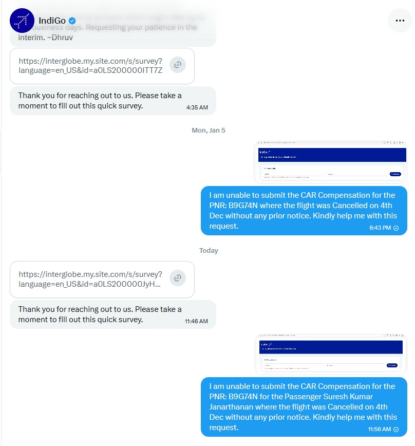 kbjsureshkumar's tweet photo. @IndiGo6E @IndiGo6E @MoCA_GoI @DGCAIndia I did submit this issue on Jan 5th, still it is not even looked into it. Even though the PNR and LastName is correct this seems to be some technical issue. 

Kindly look into this issue and help me on this. https://t.co/nLApR3J4Tg