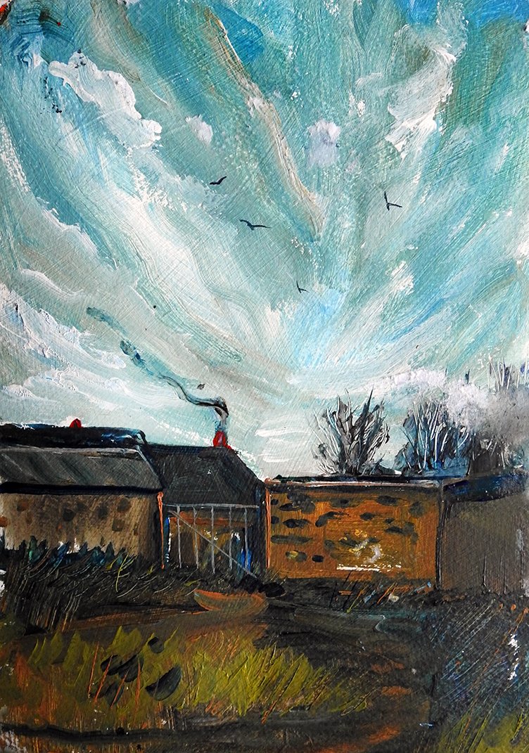 ChrisBilton3's tweet photo. #darkmornings #winterwalk #snowclouds #blueshadows #barn #cleanair #gate #goodenergy #acrylicpainting #artinsouthyorkshire #paintingoutside #landscapepainting #opencountry #trees #clouds #allaprima #clarifiedimpressionism #expressiverealism #pleinair https://t.co/gGPpul51Eq