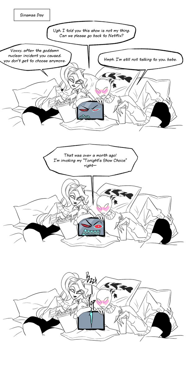 hazbinzzz's tweet photo. *When you’re having a nice, cozy Sinsmas and your ex-deer-demon-boyfriend suddenly launches a surprise attack* (1/3)
Part 1 : https://t.co/lOmOl1ydTt 
#HazbinHotel #radiostatic #staticradio #voxal https://t.co/m8f5VigA47