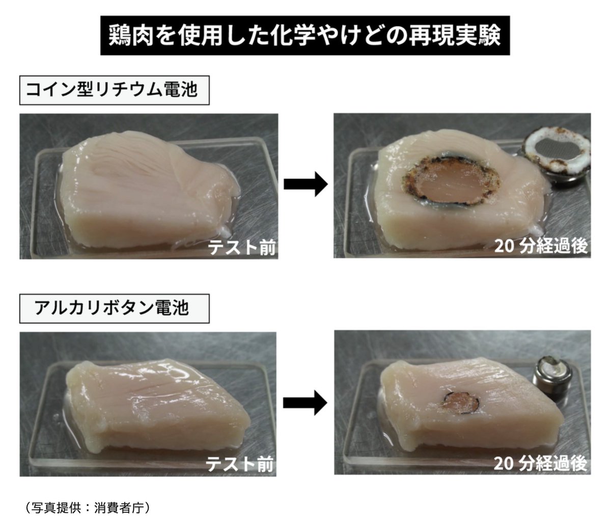 コインはボタンの形した電池は電力が高く、間違えて飲み込んだときに食道に引っかかって粘膜が焼けて穴が空きます🙀 特に「コイン型リチウム電池」は写真の通り、あっという間に大きな穴を開けてしまいます  絶対に小さい子どもの手が届かない場所で管理しましょう https ...